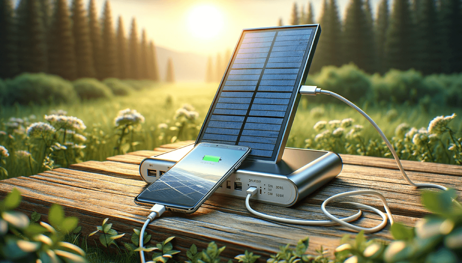Solar-powered power bank charging a smartphone in direct sunlight